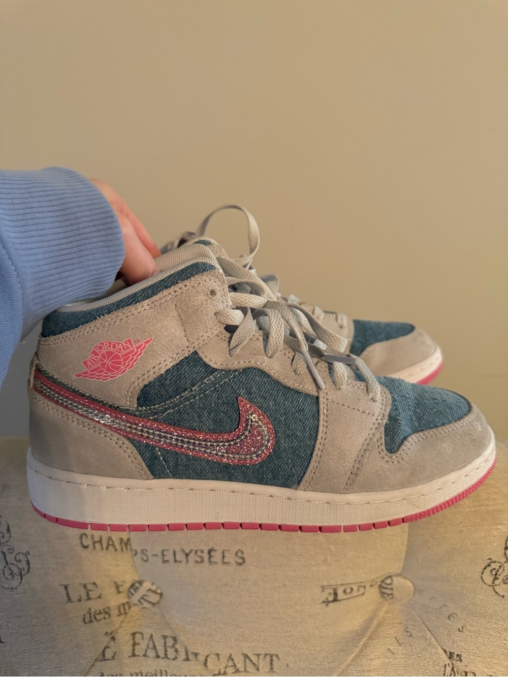 Nike Kids' Jordan Denim and Gray Sneakers with Pink Accents